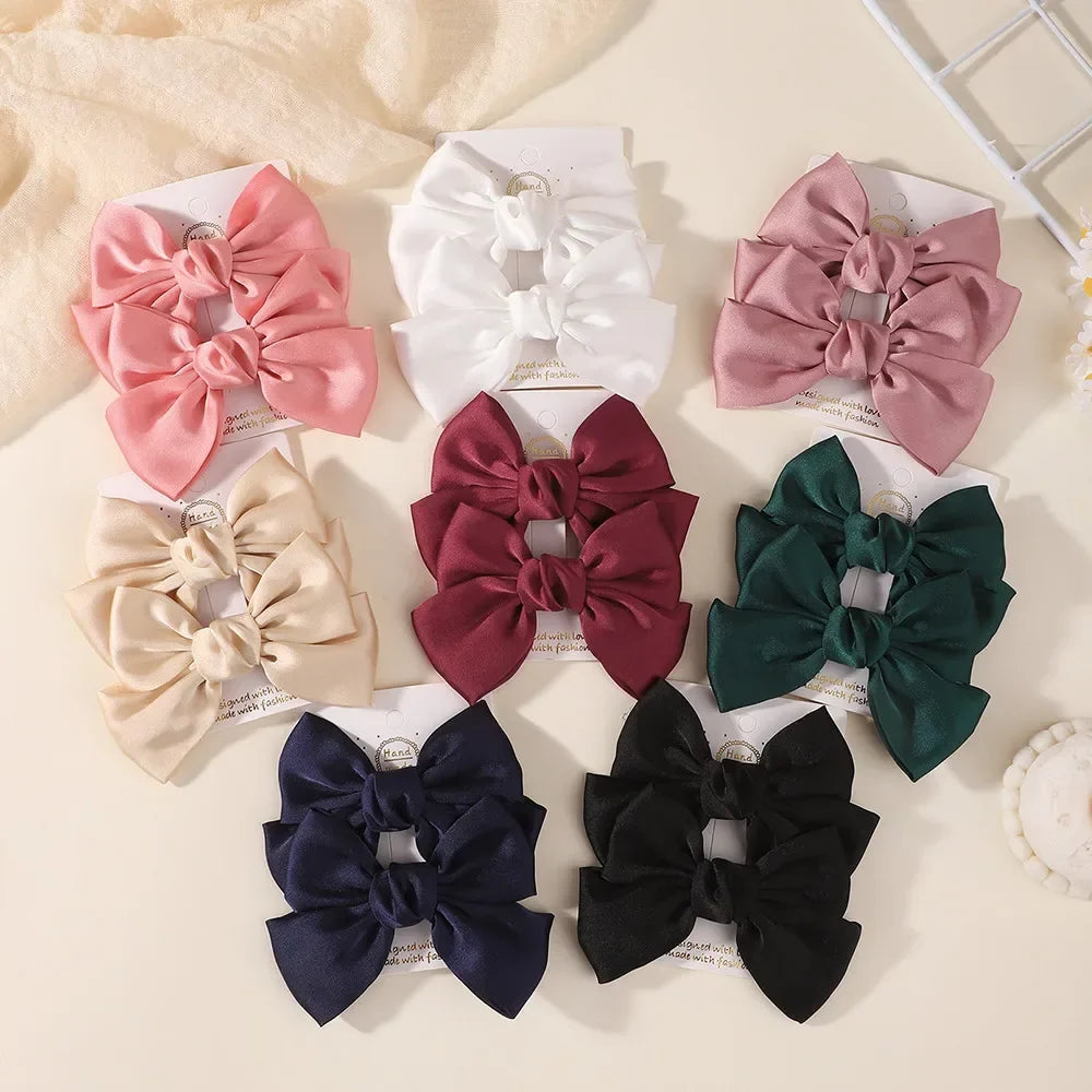 2PCS Matte Satin Large Bow Pair Hair Clips Solid Color Big Bow Barrettes Girls Wedding Birthday Party Daily Dress‑up Headdress
