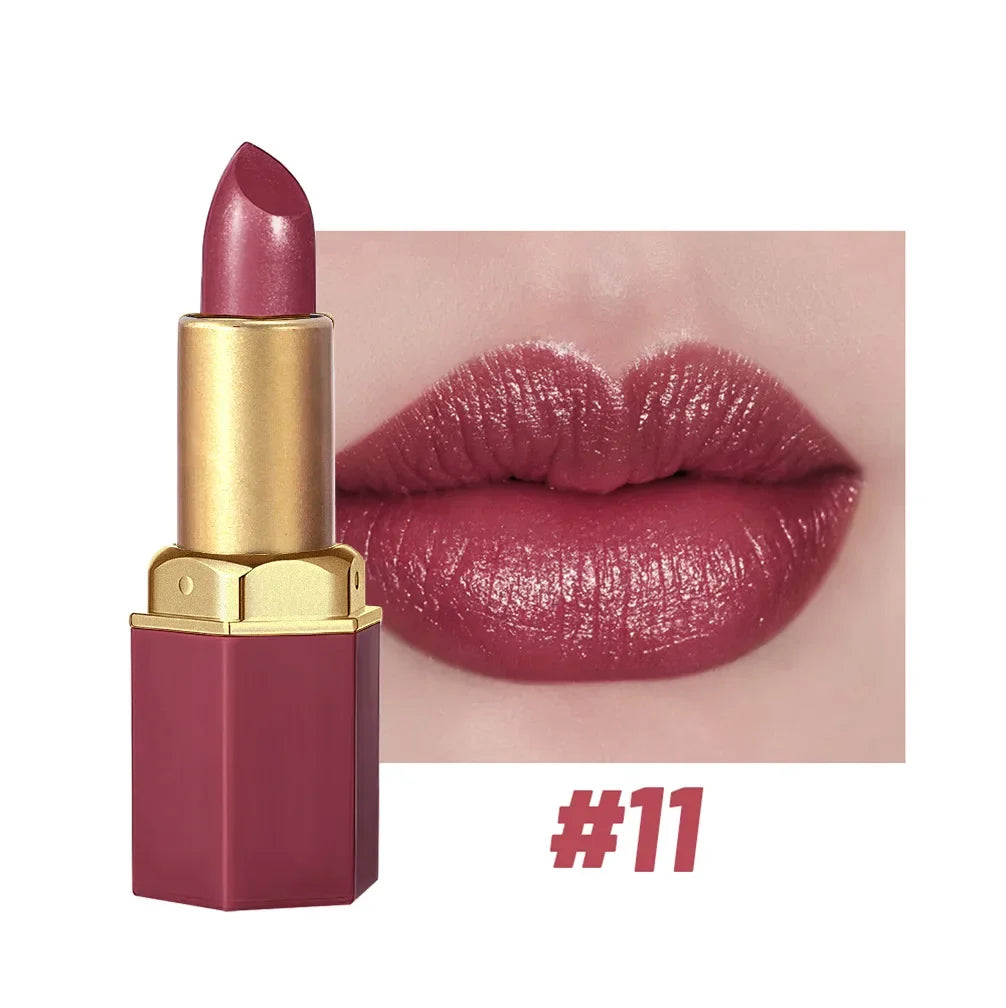 6 Colors Gold Bar Lipstick Diamond Pearlescent Glitter High Shine Non Sticky Long Lasting Pink Lips Makeup
