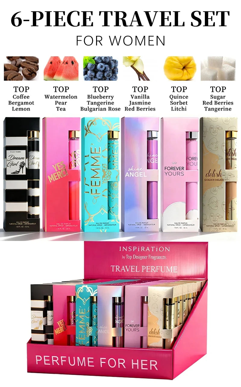 6-piece travel set, men's and women's eau de toilette spray, long-lasting fragrance, 6 different flavors, perfect for holiday gi