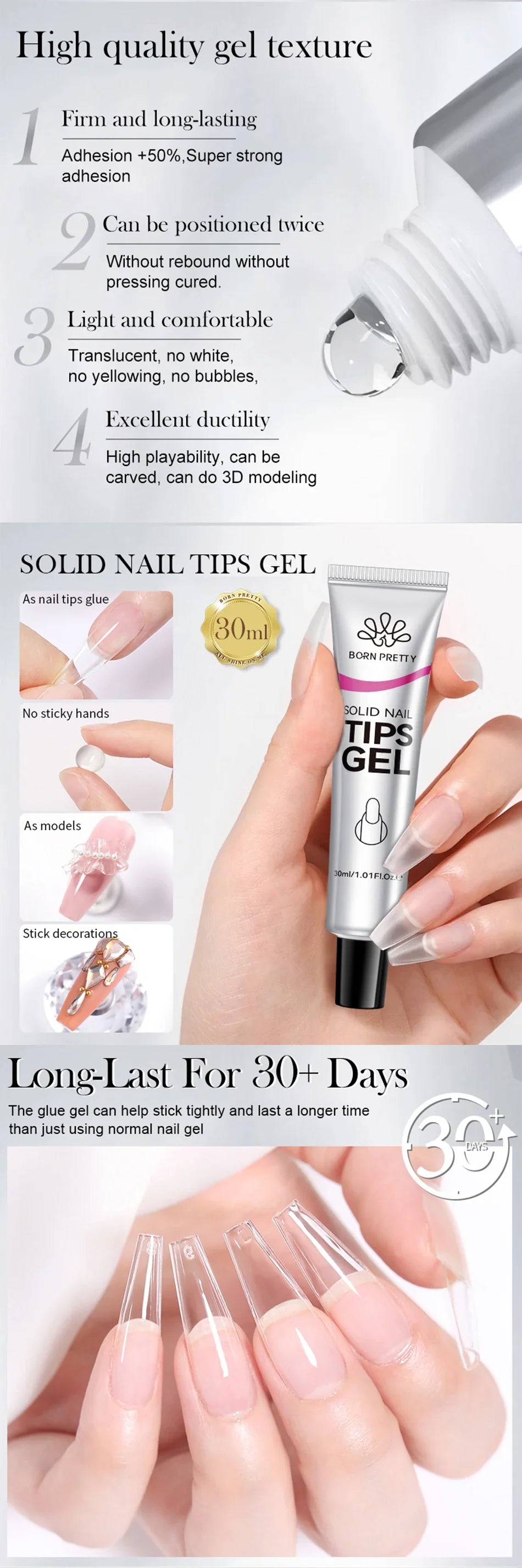 BORN PRETTY Solid Nail Glue Gel for False Nail Tips Extension3D Shaping Sculpting Carving Flower Glue for Press On Nails