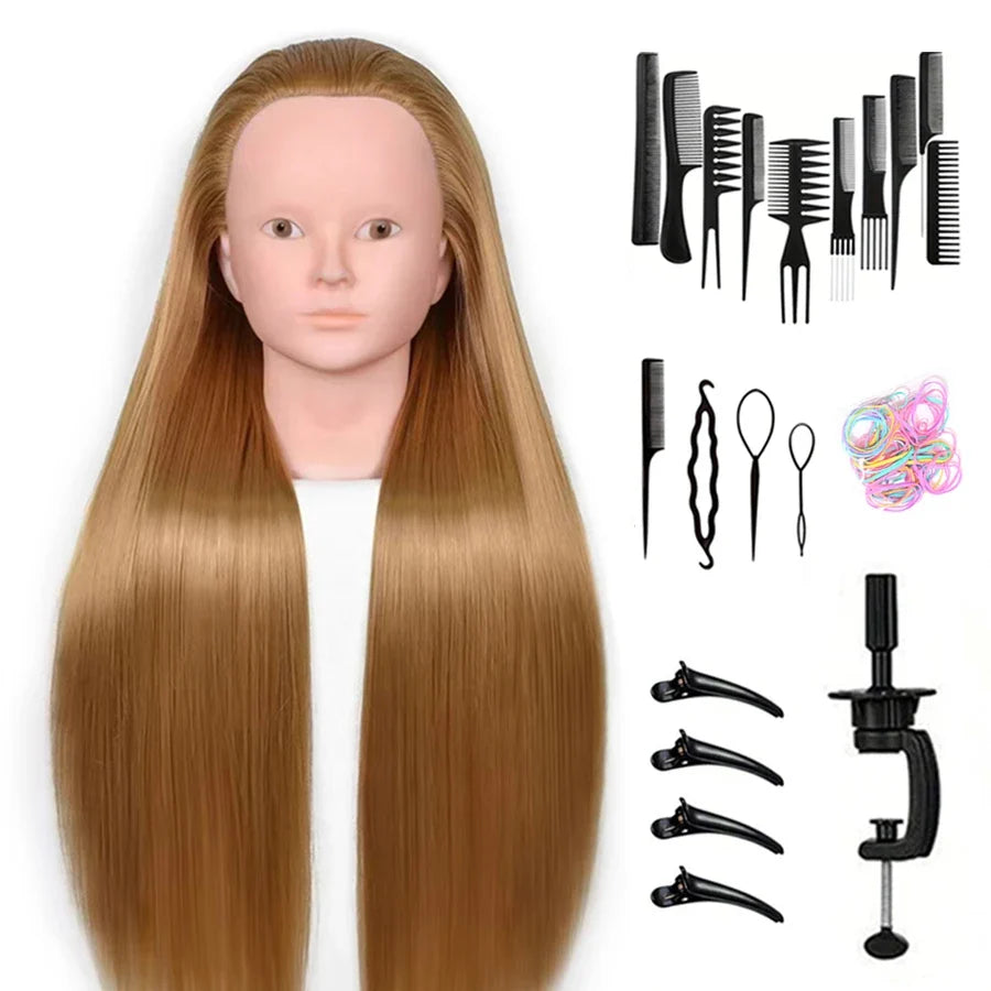 24Inch Mannequin Head with Fiber Hair Model Practice Hairdressing Doll Head Styling Hairdressing Training Braided