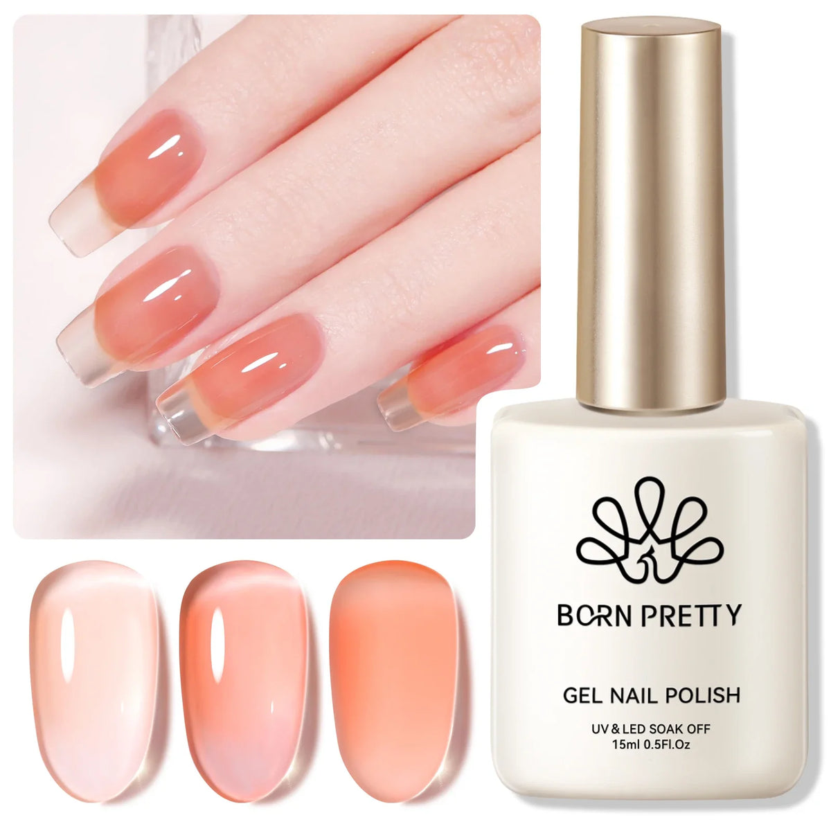 BORN PRETTY 15ml Nail Gel Polish Glitter Gorgeous Full Coverage Soak Off UV LED French Nail Art Jelly Nude Pink Varnish