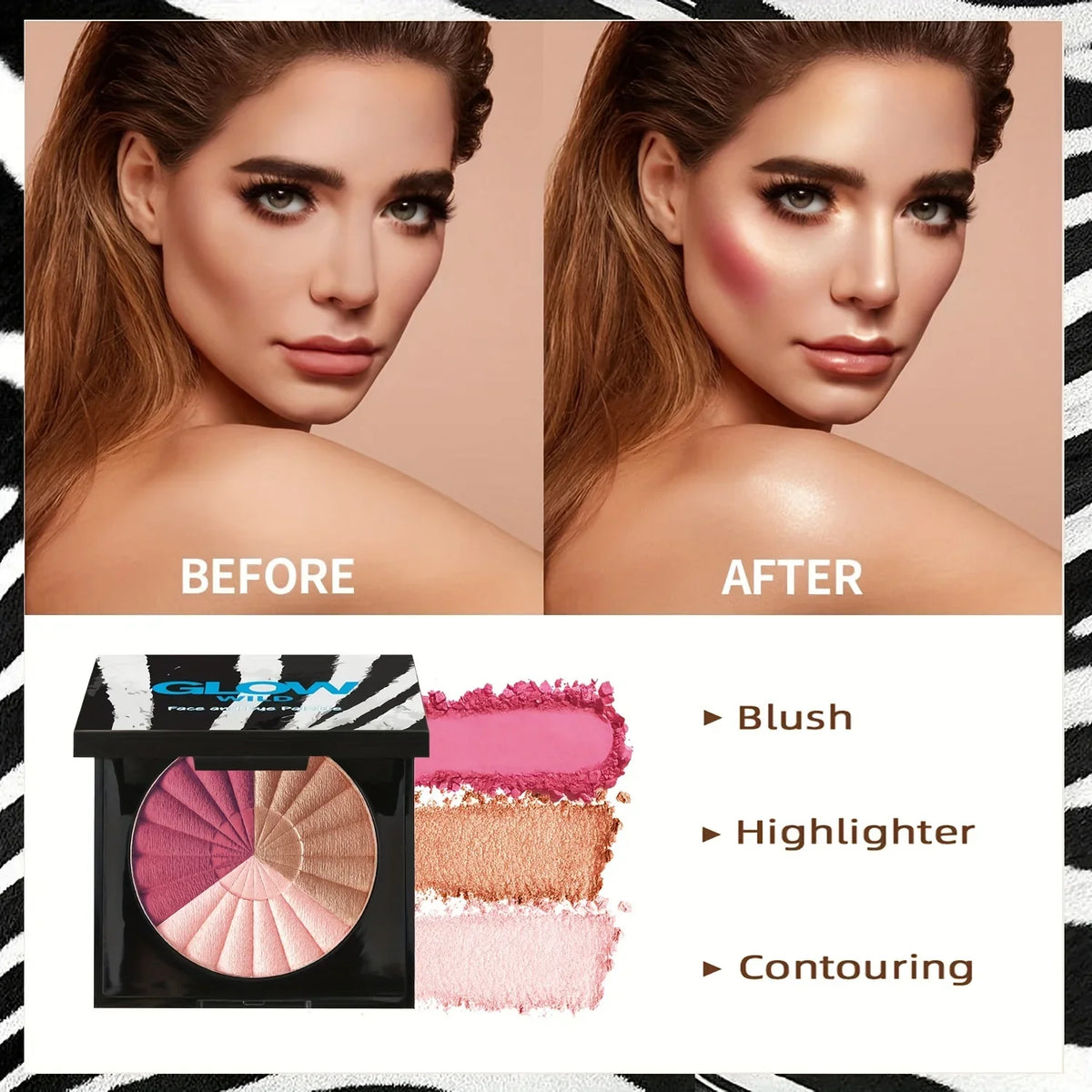 Blush Makeup Palettes, Highlighter Bronze Blush Powder, 3 in 1 Palette Matte Shimmer Glow illuminator Powder Face Highlighter