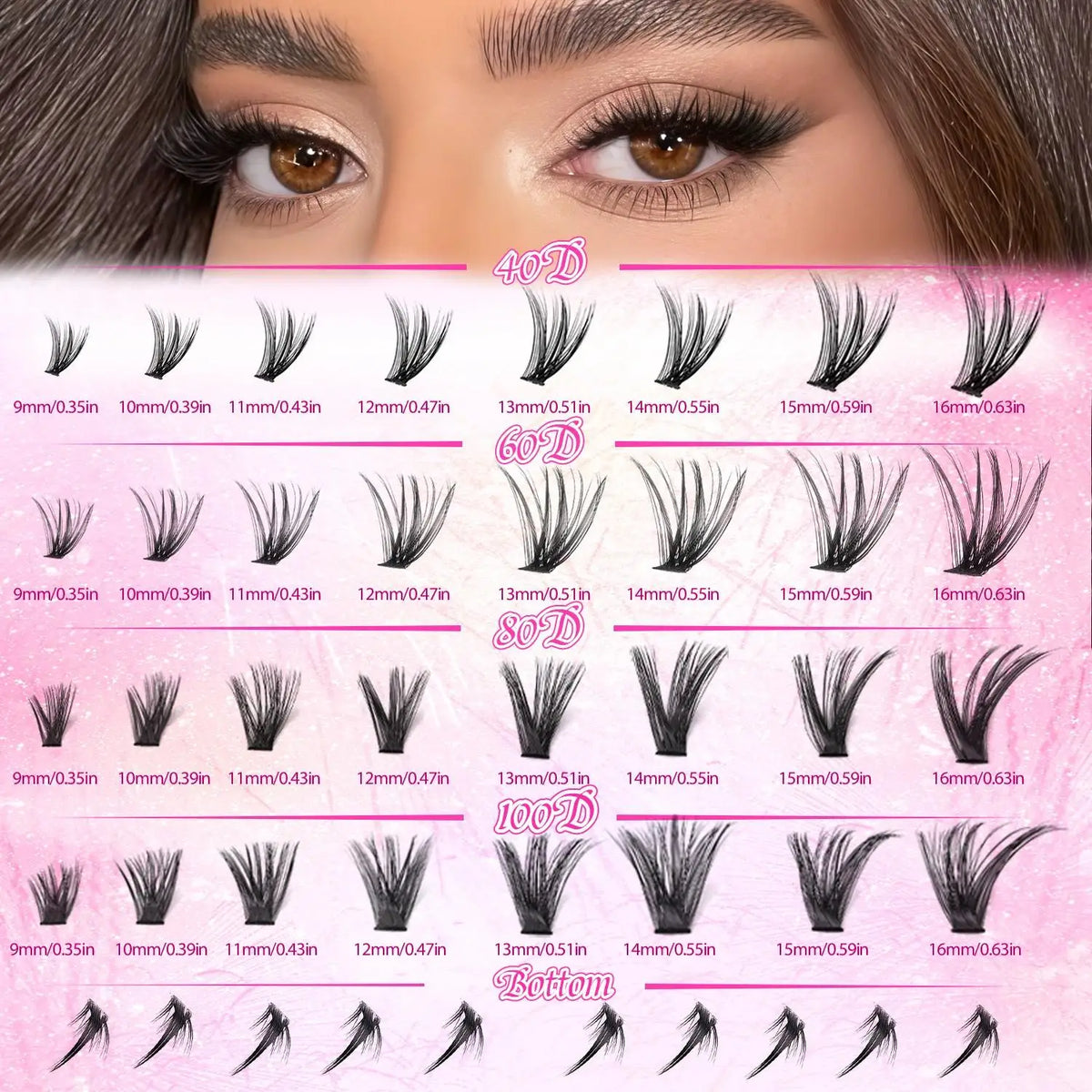 17 Pairs D Curl Cluster Eyelash Extensions, soft reusable fluffy thick upper & lower DIY individual lashes.