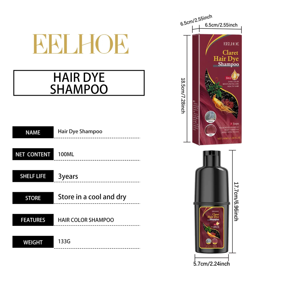 Fast-acting Hair Dye Shampoo Deep Wine Red 3 In 1 Natural Herbal Plant Extract Instant Coloring Shampoo For Gray White Hair Coverage Nourish Scalp