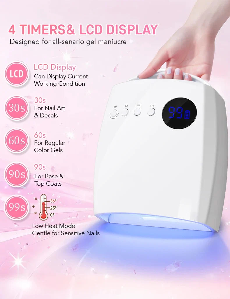 54W Cordless UV LED Nail Lamp with 30 Beads Rechargeable Professional Nail Dryer with 3 Timer Settings for Home and Salon Use