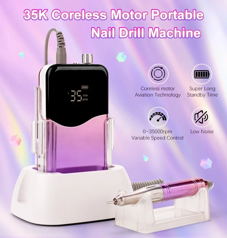Coreless Motor Handle 35000RPM Portable Professional Nail Drill with Desktop Base 35K Cordless Battery Wireless Powerful Wave