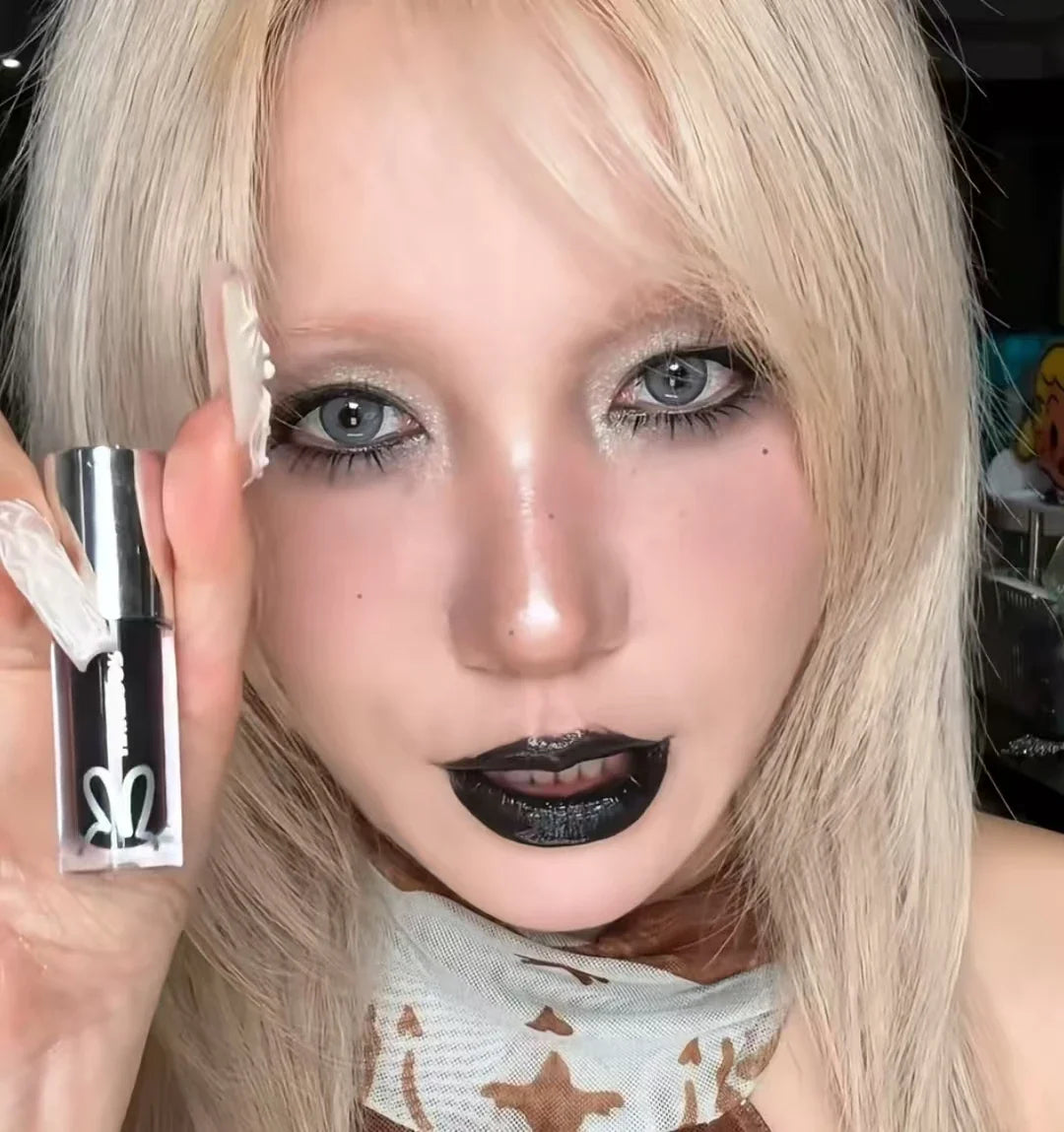 HYNTOOR Mirror Moist Lip Gloss Gothic Pure Black Silver Fine Flash Low Saturation Lasting Makeup Halloween Makeup
