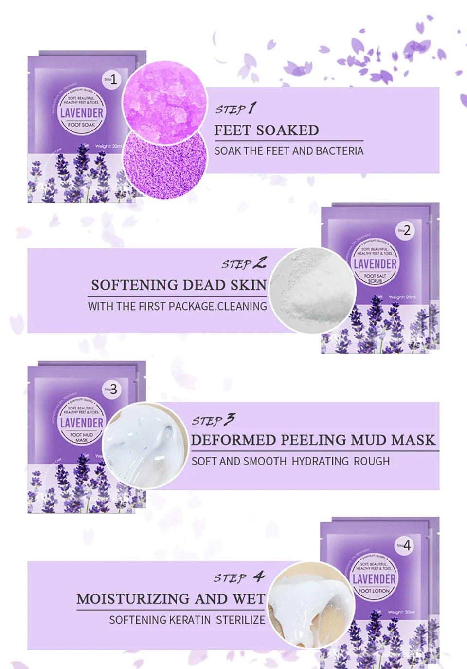 15Sets Pedicure Jelly Foot Soak Kit 4 in 1 Salt Soak Sugar Scrub Moisture  Mask Massage Cream for Salon Spa