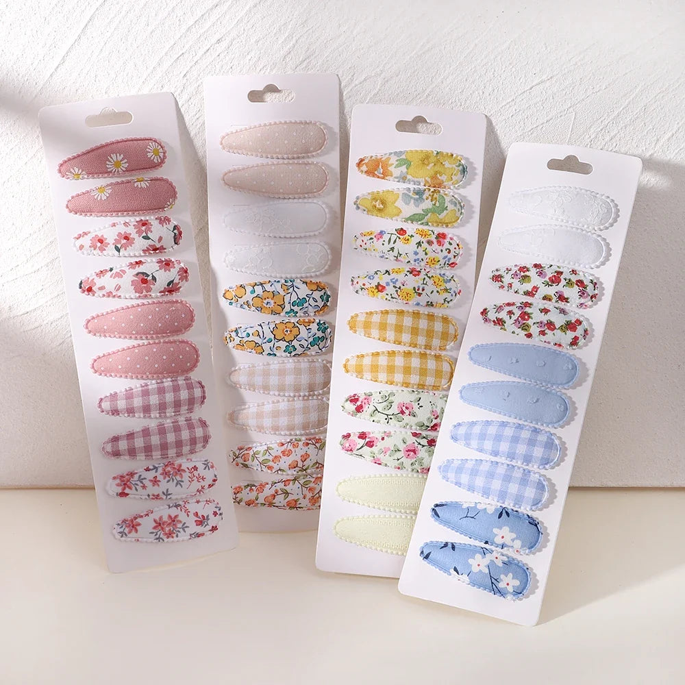 10Pcs/Lot Fresh Print Cotton Alloy Hair Clips for Kids Fabric Plaid BB Hairpins Girl Hairgripe Headwear Baby Hair Accessories