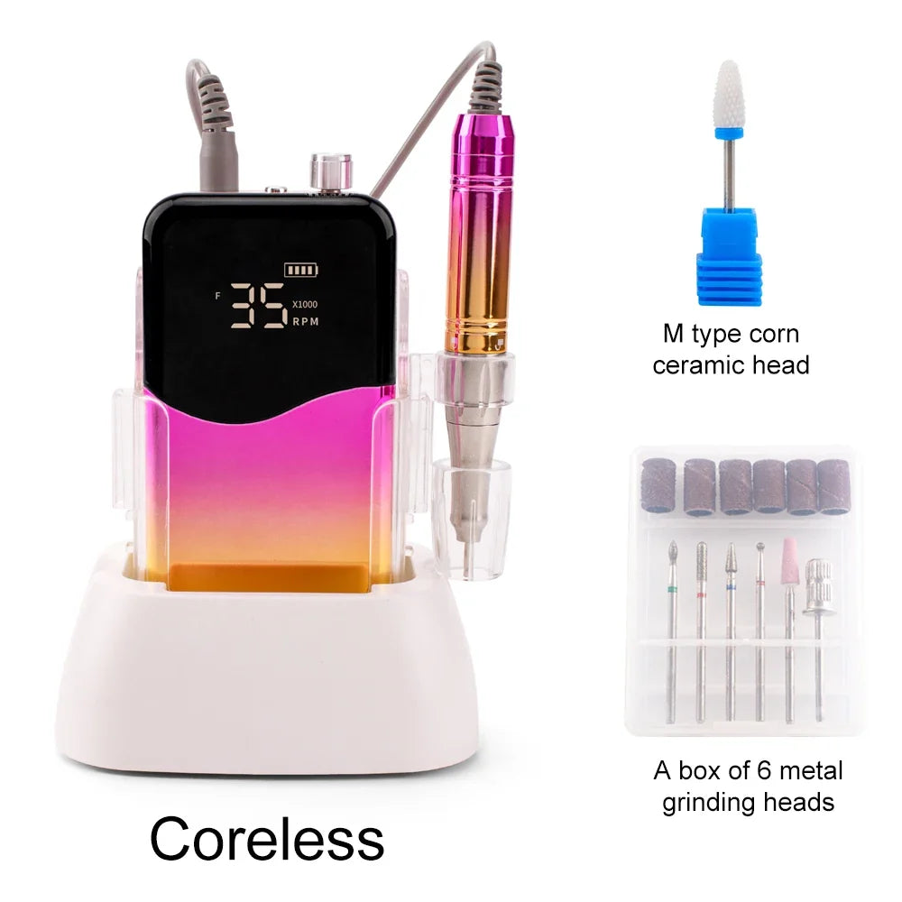 Coreless Motor Handle 35000RPM Portable Professional Nail Drill with Desktop Base 35K Cordless Battery Wireless Powerful Wave