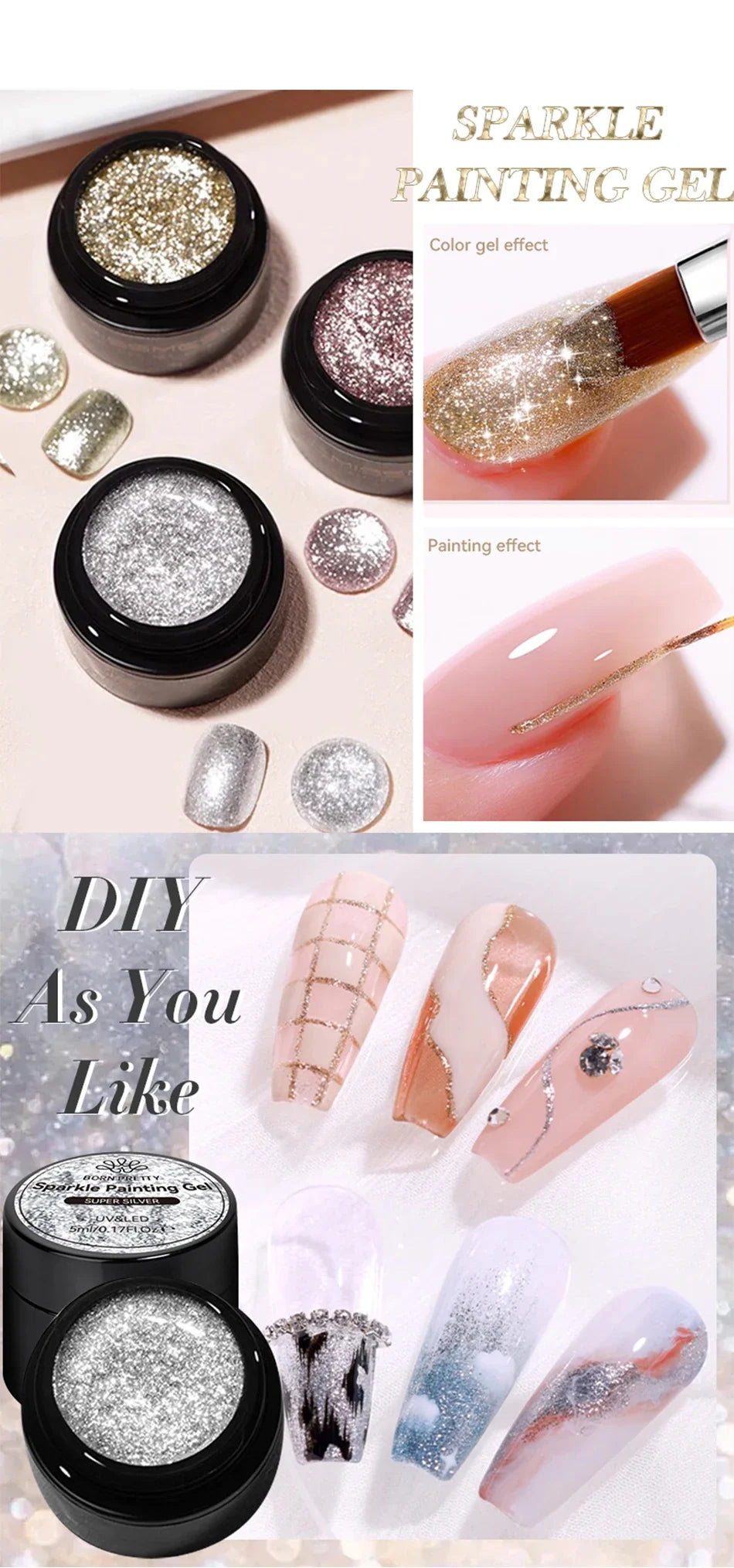 BORN PRETTY 5ml Super Sparkling Painting Gel Nail Polish Platinum Silver Gold Rose Glitter Graffiti Stripe Pull Line Nail UV Gel