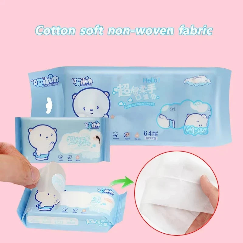 64pcs Disposable Super Mini Wet Wipes Portable Small Package Extraction Hand And Mouth Cleaning Wipes Home School Supplies