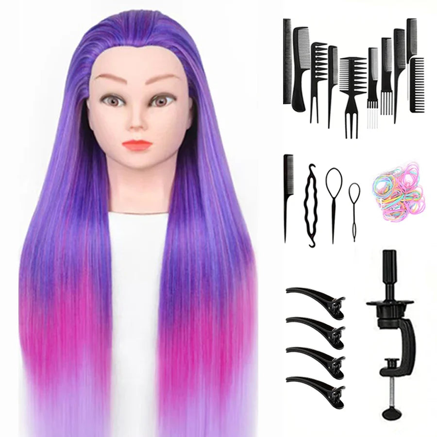 24Inch Mannequin Head with Fiber Hair Model Practice Hairdressing Doll Head Styling Hairdressing Training Braided