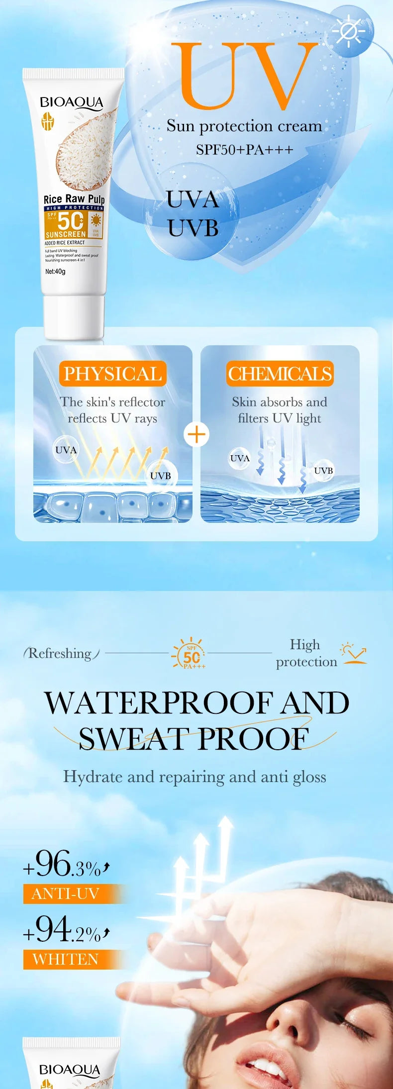 BIOAOUA Rice Puree Sunscreen SPF50+-PA+++ Isolating UV Protection, Waterproof, Suitable for Face, Neck, Body Sunscreen Lotion