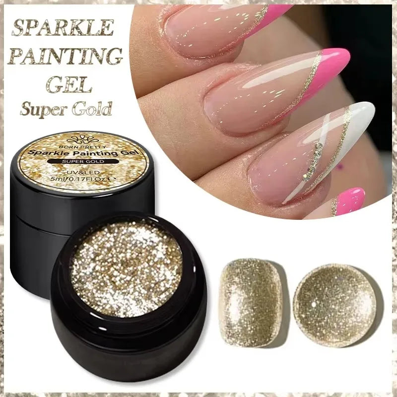 BORN PRETTY 5ml Super Sparkling Painting Gel Nail Polish Platinum Silver Gold Rose Glitter Graffiti Stripe Pull Line Nail UV Gel