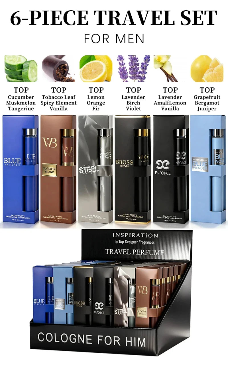6-piece travel set, men's and women's eau de toilette spray, long-lasting fragrance, 6 different flavors, perfect for holiday gi