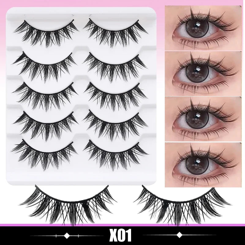 DINGSEN 5 Pairs Manga Lashes Cosplay Fake Eyelashes Strip Lash Soft Natural Look Fox Eye Korean Manhua Makeup False Eyelashes