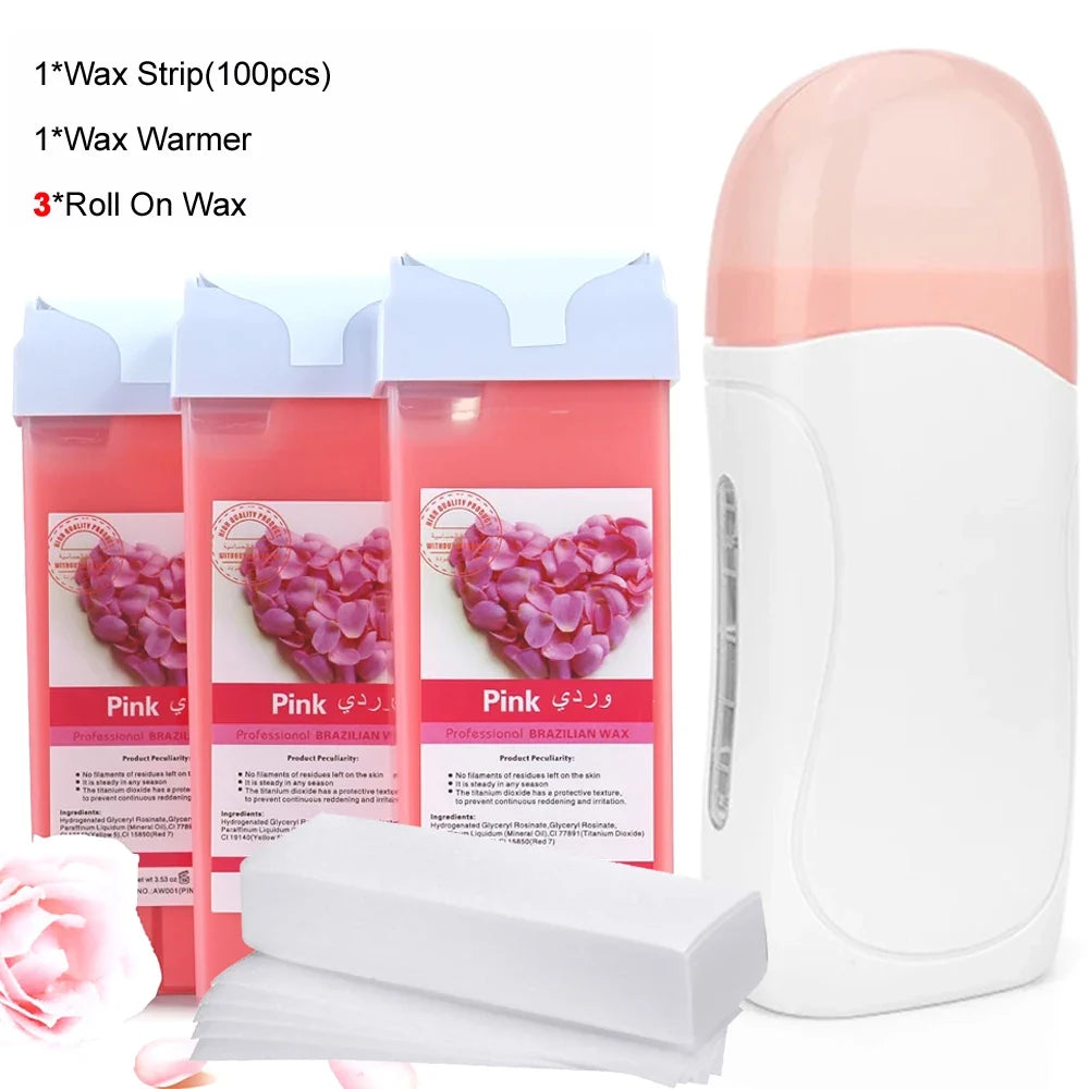 Epilatory Waxing Kit - Rose painless bikini wax Roll-On Wax Includes Heater Machine Refillable Wax And 100PCS Waxing Papers