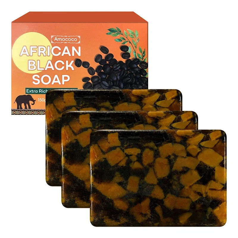 Amococo 3/6pcs African Black Soap Bar 150g Shea Butter Body Soap Moisturizing Cleansing Bath Soap with Coconut Oil Caffeine Neem Extract Natural Skin Care Soap for Men Women Dry Skin