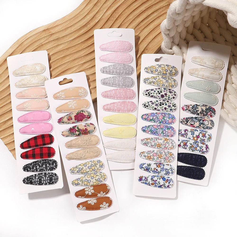 10Pcs/Lot Fresh Print Cotton Alloy Hair Clips for Kids Fabric Plaid BB Hairpins Girl Hairgripe Headwear Baby Hair Accessories