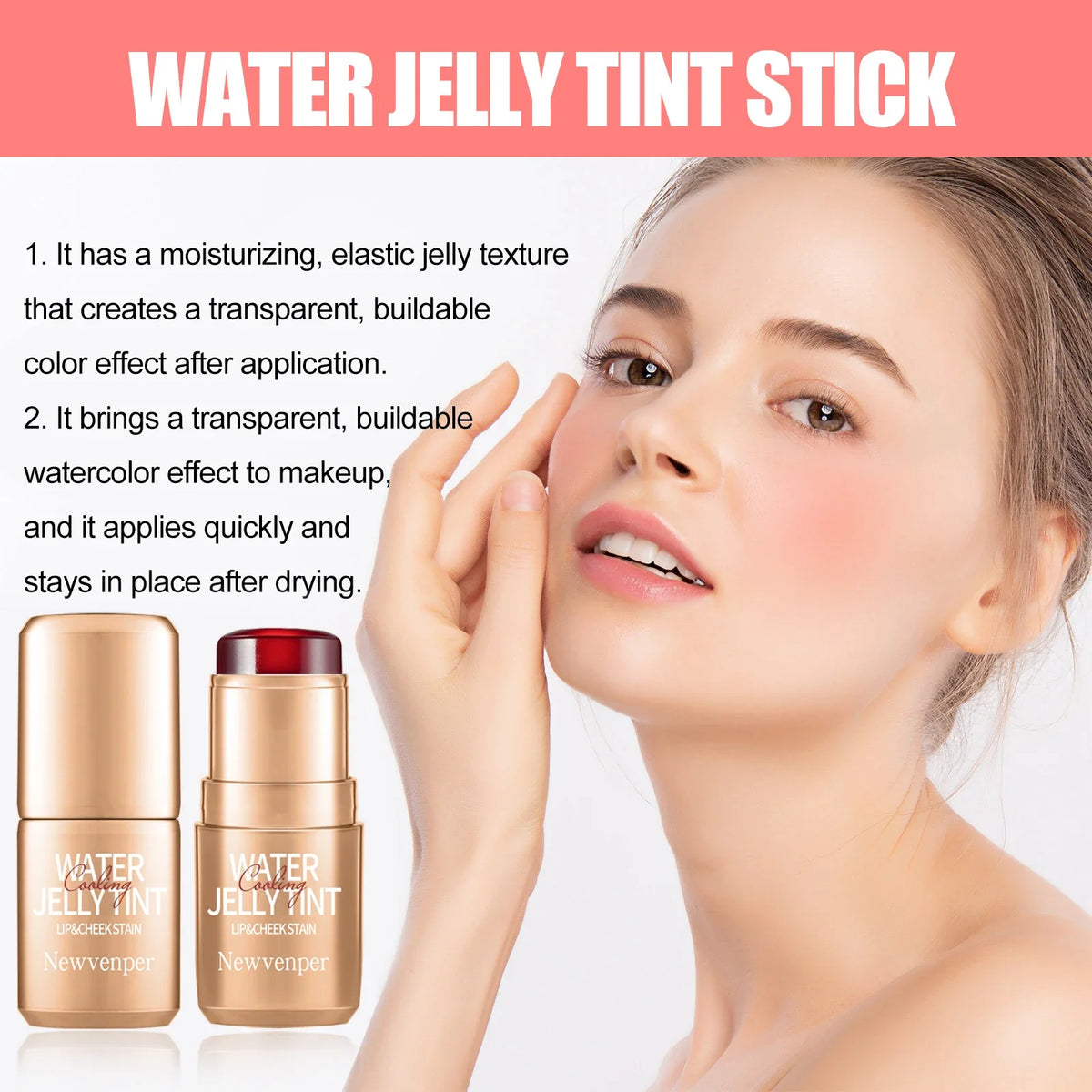 3Pcs Durable Waterproof Water Jelly Tint Blush Stick for Face and Lip，Non-Sticky，Long Lasting，Moisturizing，Nourishing