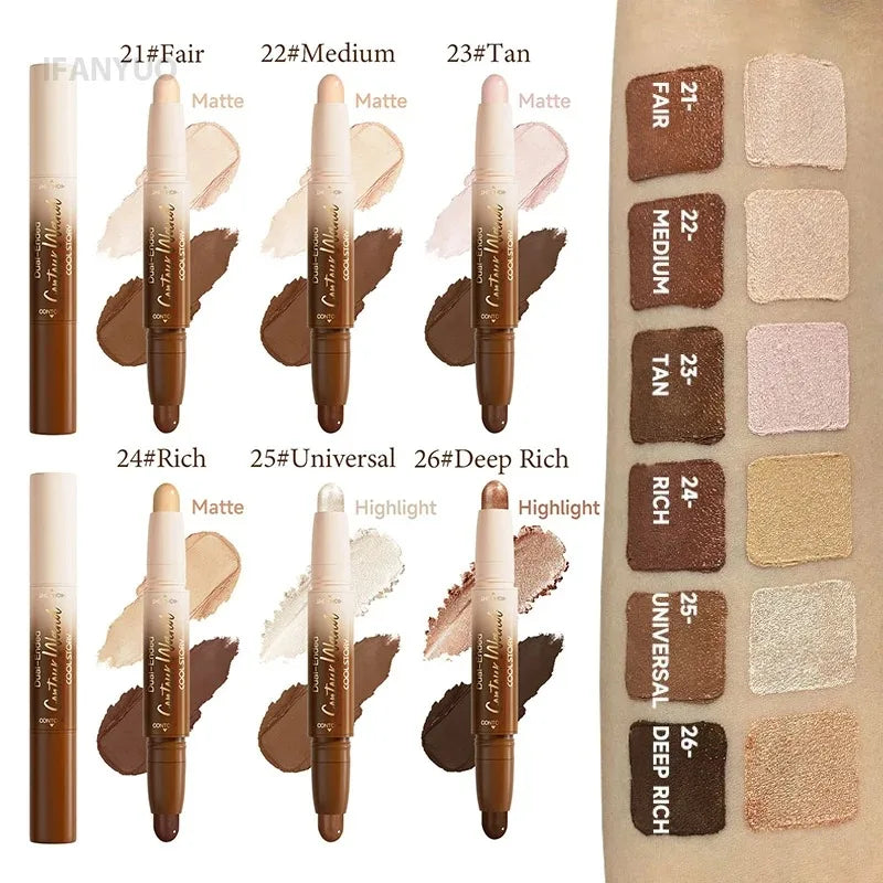 Contour Stick Double-Ended Highlight and Shadow Cream Waterproof Full Coverage Concealer Natural  Face Contour Concealers Makeup