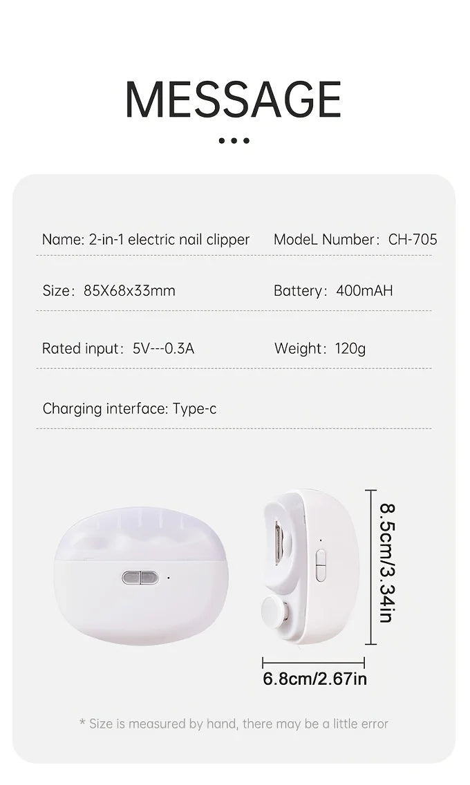 2-in-1 Electric Nail Clipper & Polisher with LED Light, USB Charging, Safe Grinding for All Ages, Valentine's Gift