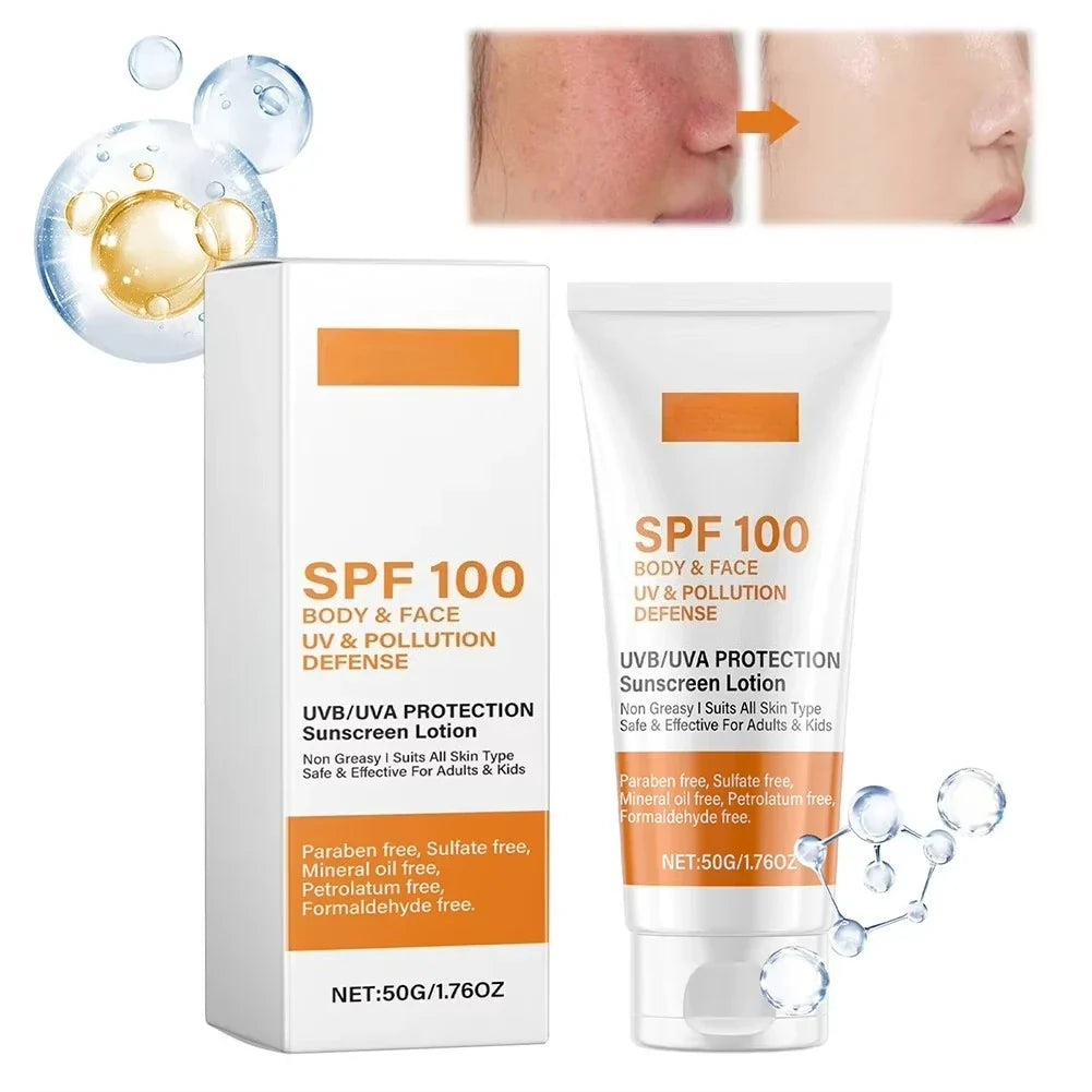 Face & Body Sunscreen Non-Greasy SPF 100+ Facial Sunblock UVA & UVB Protection Sunblocking Cream Anti Aging for Summer Beach