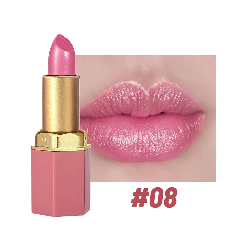 6 Colors Gold Bar Lipstick Diamond Pearlescent Glitter High Shine Non Sticky Long Lasting Pink Lips Makeup