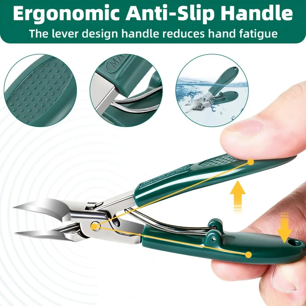 3pcs Stainless Steel Wide Jaw Opening Toenail Clippers Set Long Handle Angled Head Anti-Splash Design for Ingrown and Thick Toen