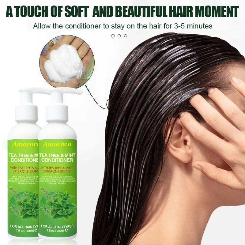 Amococo 2pcs X 200ml Tea Tree Shampoo and Conditioner Set with Mint Biotin Refreshing Scalp Care Hair Care Duo Volumizing Smooth Hair Formula for All Hair Types