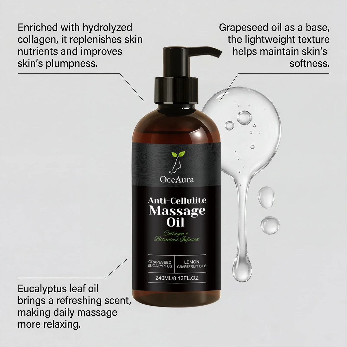 240ml Anti Cellulite Massage Oil Collagen Firming Grapefruit Essential Oil Tighten Abdomen Thigh Nourish Dry Skin Glowing