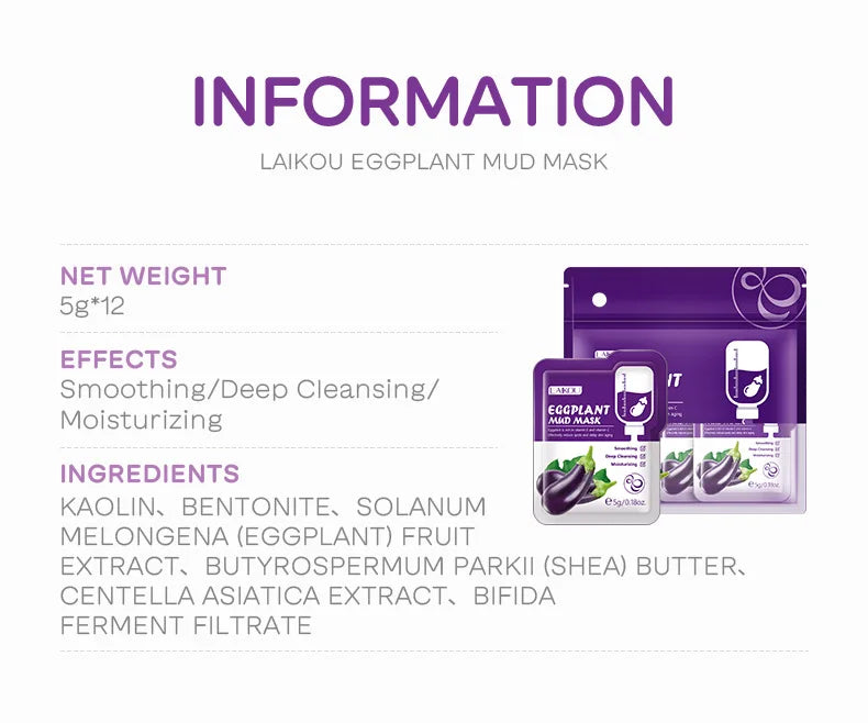 5pcs LAIKOU Eggplant Mud Mask Oil Control Moisturizing Anti-Acne  Anti Wrinkle Whitening Cleansing Clay Mask Skin Care Face Mask