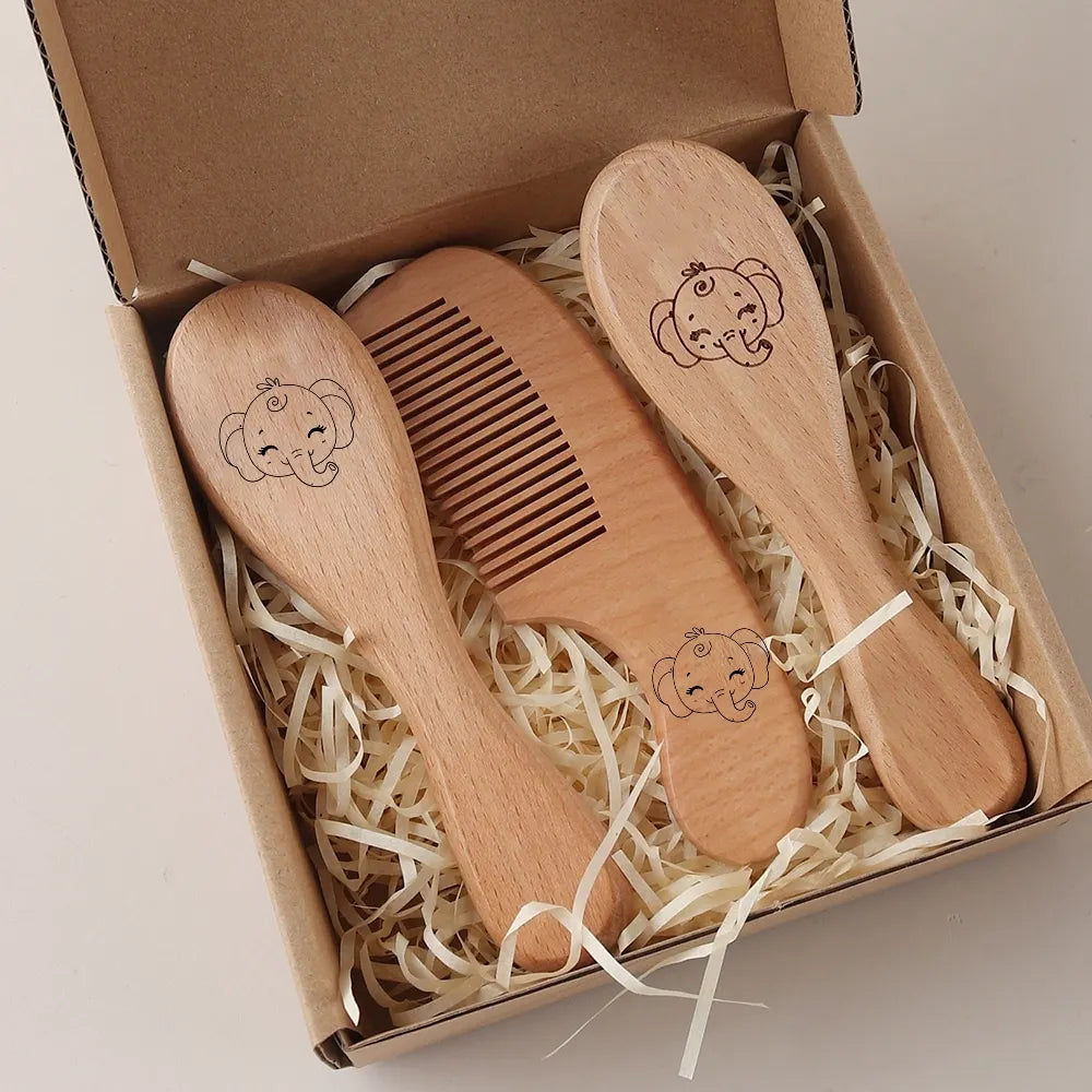 Engraved Panda Baby Hair Brush  Natural Wool Wooden Comb Air Cushion Brush Newborn Baby Shower Gift