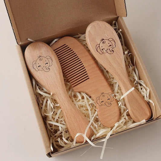 Engraved Panda Baby Hair Brush  Natural Wool Wooden Comb Air Cushion Brush Newborn Baby Shower Gift