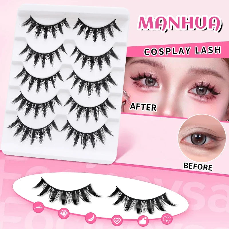 DINGSEN 5 Pairs Manga Lashes Cosplay Fake Eyelashes Strip Lash Soft Natural Look Fox Eye Korean Manhua Makeup False Eyelashes