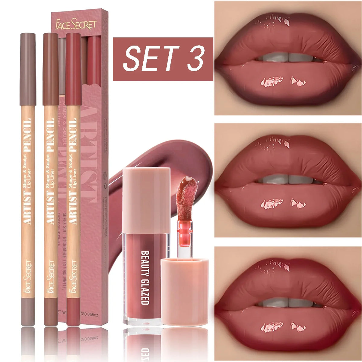 4Pcs Lip Liner & Lip Gloss Set Waterproof Long-lasting Smudge-proof Smooth Daily Lip Makeup Kit