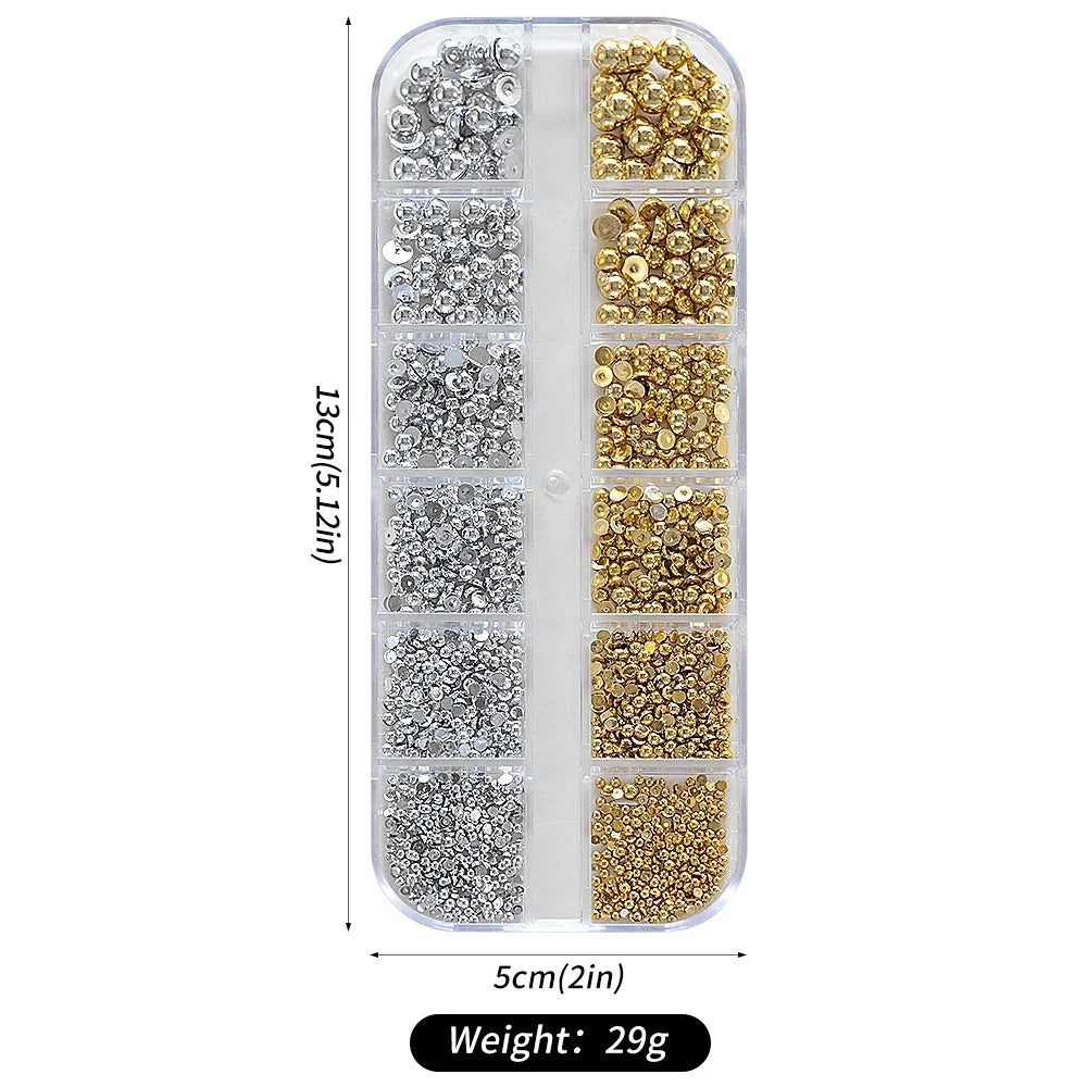 12 Grids Flatback Gold Silver Pearl Beads Nail Charms Round Caviar Ball For Nail Art Decorations 3D Nail Jewelry Rhinestones