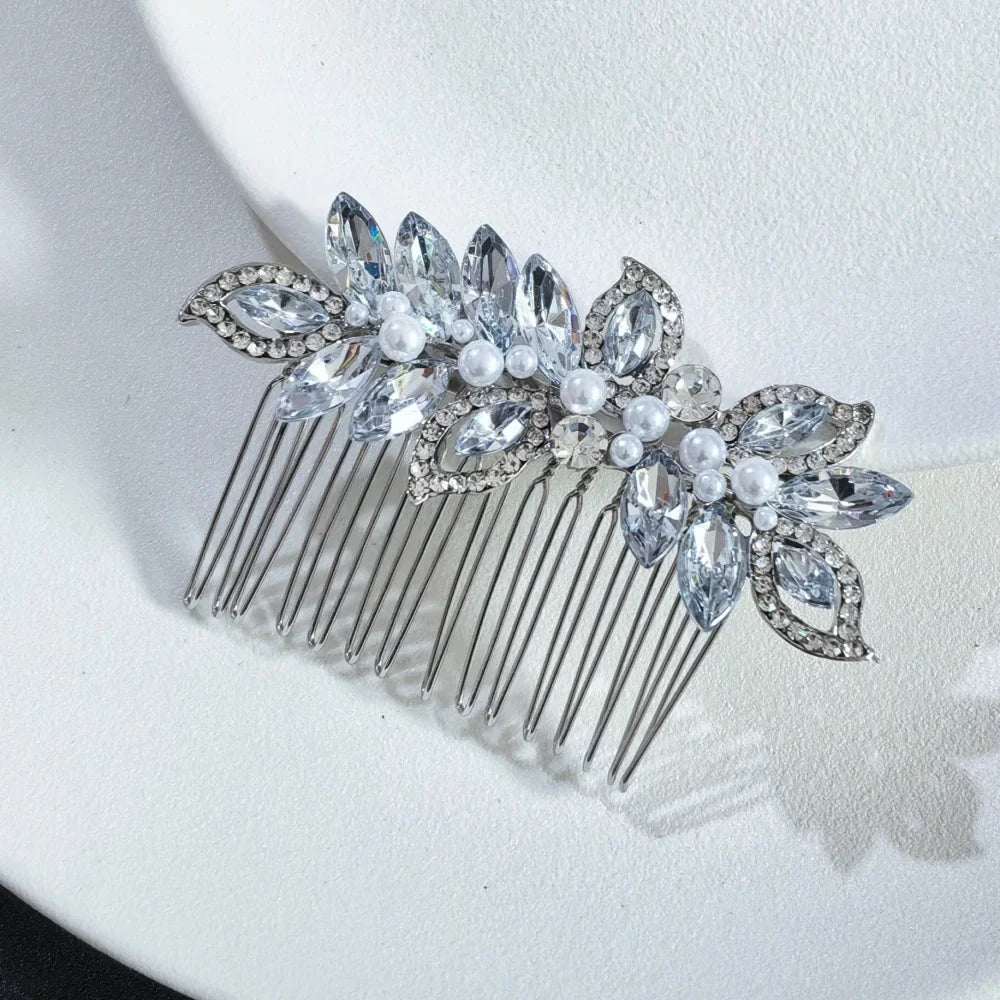 Floral Pearl Rhinestone Hair Comb Elegant Metal Leaf Bridal Hair Clip Pins Wedding Hair Accessory for Bride Updo Hairstyle
