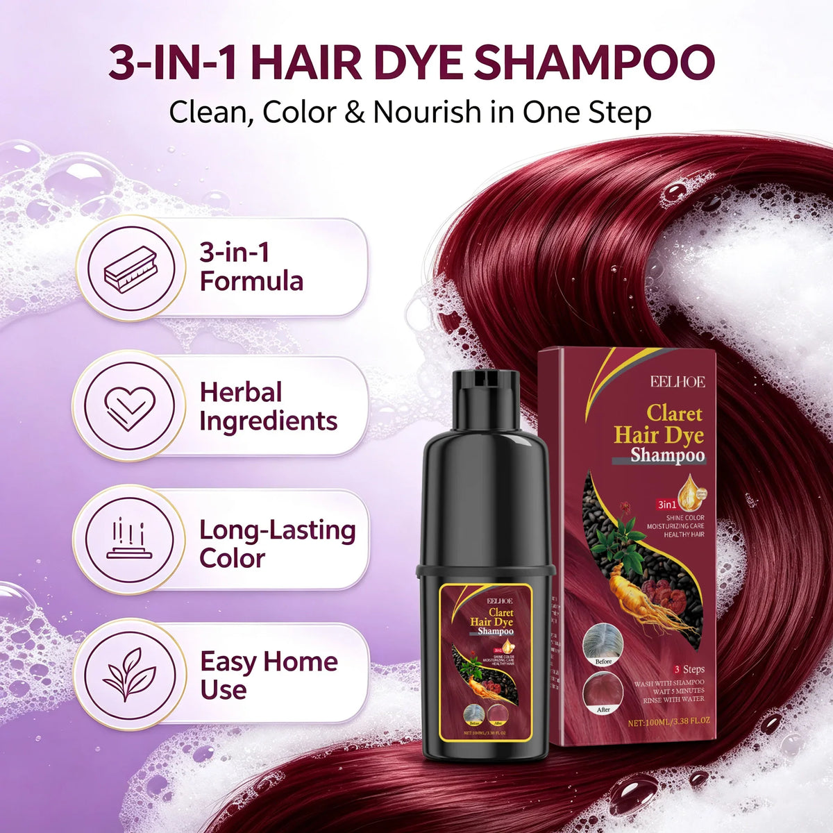 Fast-acting Hair Dye Shampoo Deep Wine Red 3 In 1 Natural Herbal Plant Extract Instant Coloring Shampoo For Gray White Hair Coverage Nourish Scalp