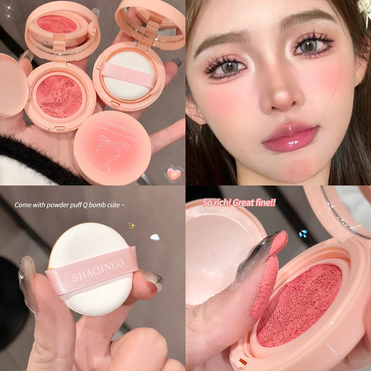 Creamy Air Cushion Blush Hydrating Matte Pink Natural Cheek Tint Brighten Face Waterproof Silky Liquid Blusher Cream With Puff