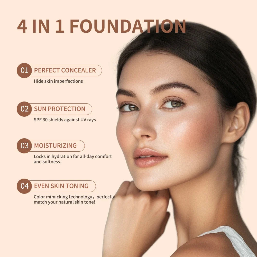 2pcs Waterproof Color Changing Foundation 4 in 1 SPF 30 Hydrating Long Lasting Brightening Concealer Coverage Makeup