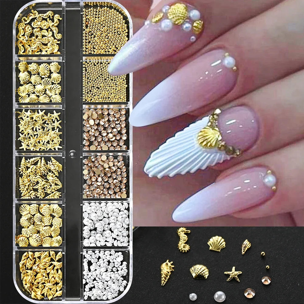 12 Grids Flatback Gold Silver Pearl Beads Nail Charms Round Caviar Ball For Nail Art Decorations 3D Nail Jewelry Rhinestones