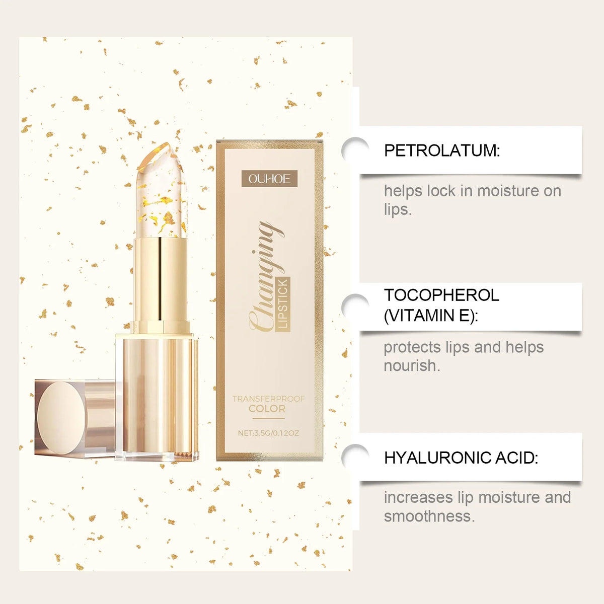 Gold Foil Color Changing Lip Balm Glossy Non-Sticky Nourishing Moisturizing Lasting Transferproof Color Changing Lipstick