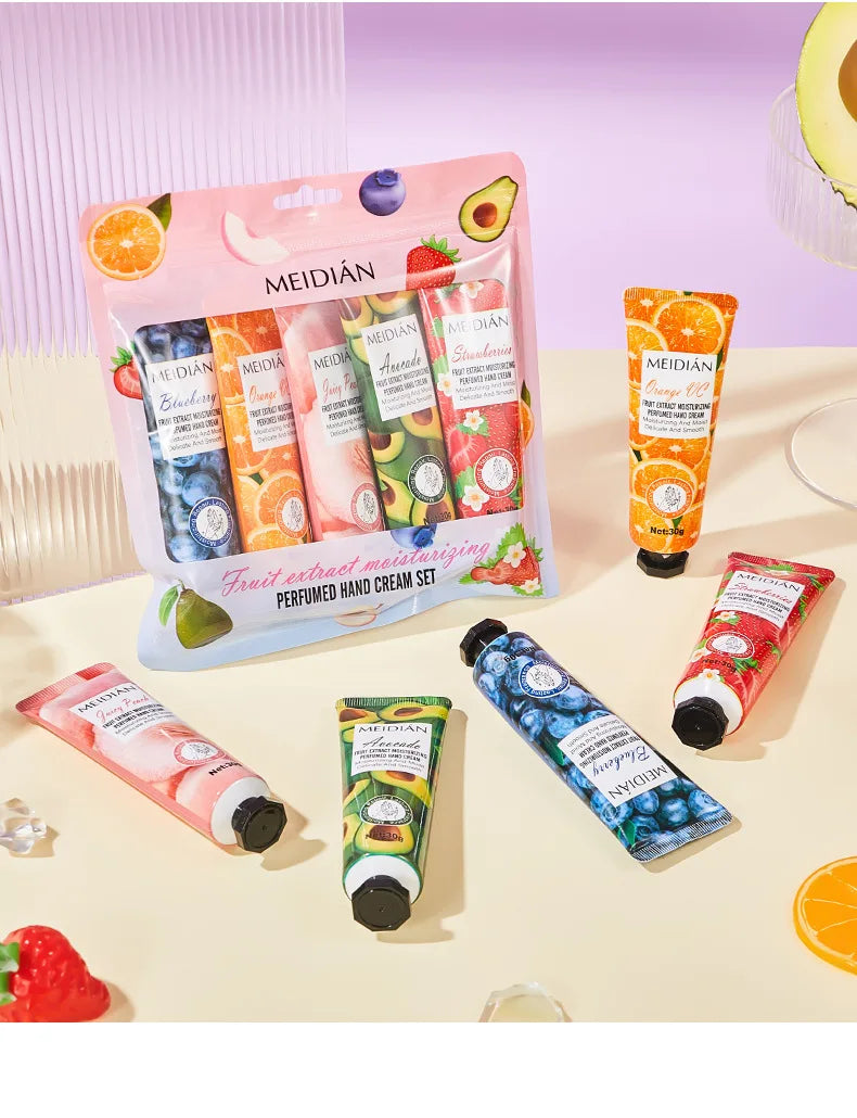 Five piece fruit scented hand cream for moisturizing and long-lasting fragrance retention. Hand care mask cream