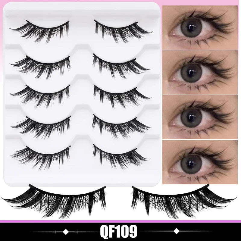 DINGSEN 5 Pairs Manga Lashes Cosplay Fake Eyelashes Strip Lash Soft Natural Look Fox Eye Korean Manhua Makeup False Eyelashes