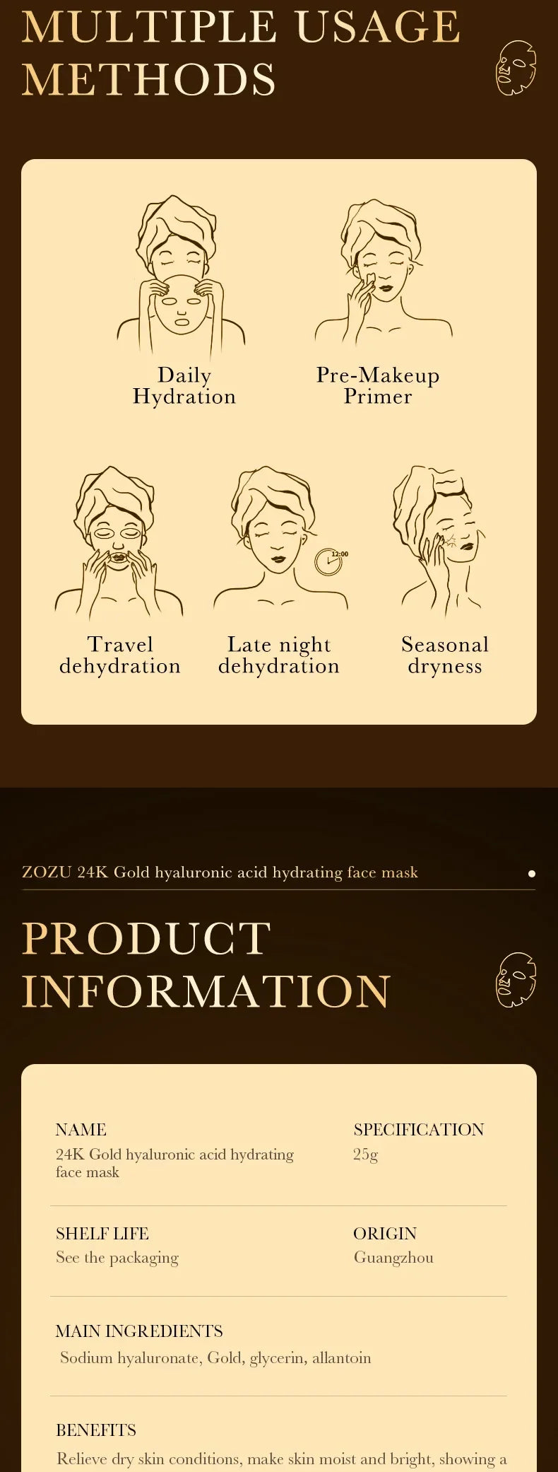 10pcs 24K Golden Hyaluronic Acid Face Mask Facial skincare Firming Moisturizing Hydrating Facial Masks Skin Care Products