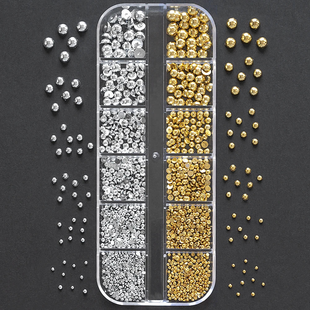 12 Grids Flatback Gold Silver Pearl Beads Nail Charms Round Caviar Ball For Nail Art Decorations 3D Nail Jewelry Rhinestones