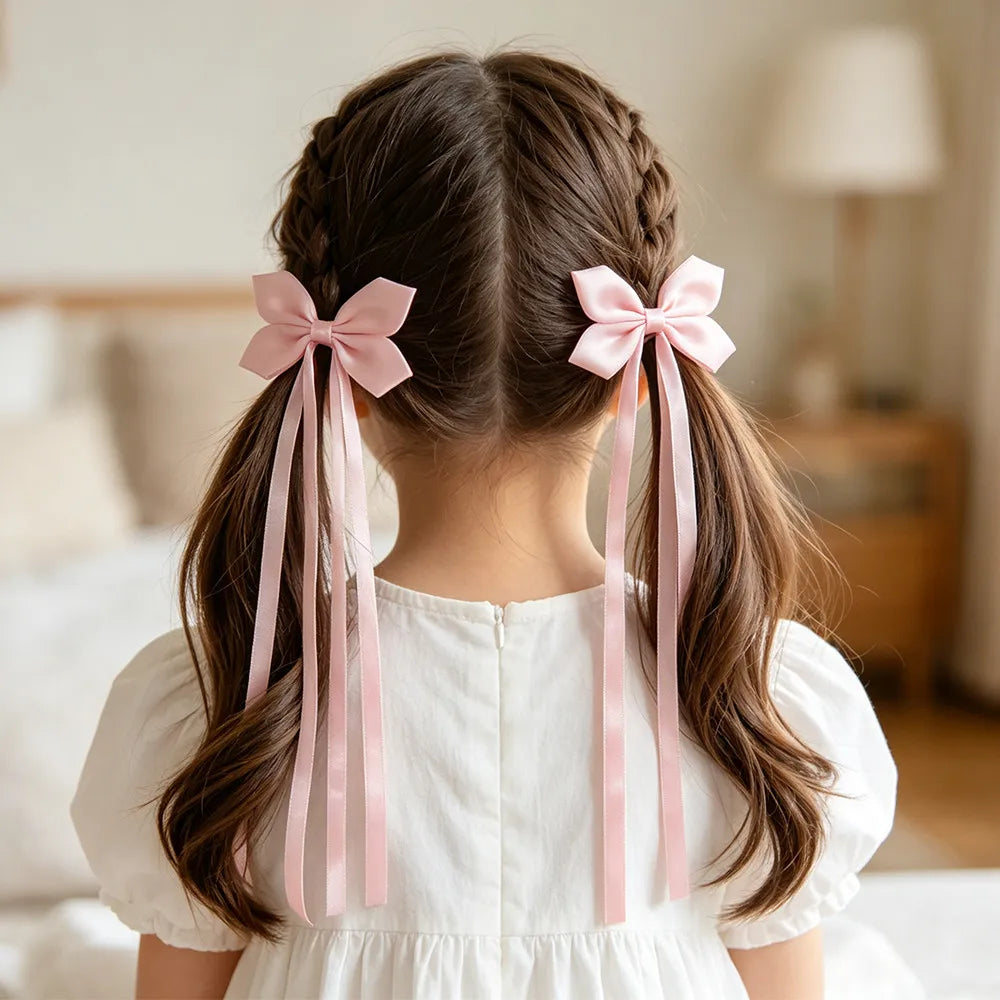 BABY BOWS 2Pcs Silky Satin Long Tassel Bow Hair Rubber Bands Sweet Ribbon Bow Hair Ties for Girls Head Decor